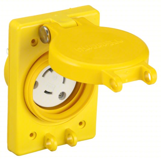 Watertight Locking Receptacle: L6-20R, Flanged, 20 A, 250V AC, 2 Poles, Yellow, 1 Gangs