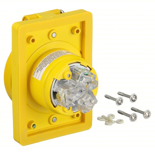 Watertight Locking Receptacle: L6-20R, Flanged, 20 A, 250V AC, 2 Poles, Yellow, 1 Gangs