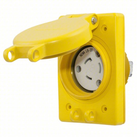 Watertight Locking Receptacle: L6-20R, Flanged, 20 A, 250V AC, 2 Poles, Yellow, 1 Gangs