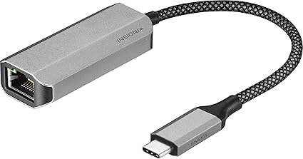 Insignia USB-C to Ethernet Adapter, Plug-and-Play Supports up to 1 Gbps High-Speed, Silver Black