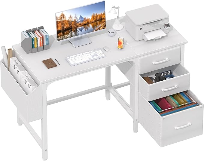Lufeiya White Desk with Fabric File Drawers Cabinet, 47 Inch