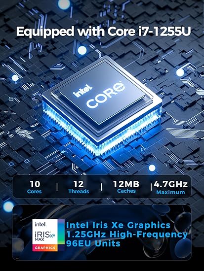 K3 Mini PC Core i7-1255U, Fanless Computers(10C/12T, Up to 4.7GHz) 16GB DDR4/1TB PCIe4.0 SSD, Metal Case, Small Industrial PC Win11 Pro, 8K UHD/2.5G LAN/Thunderbolt 4/WiFi 6E/BT5.3, Home&Office